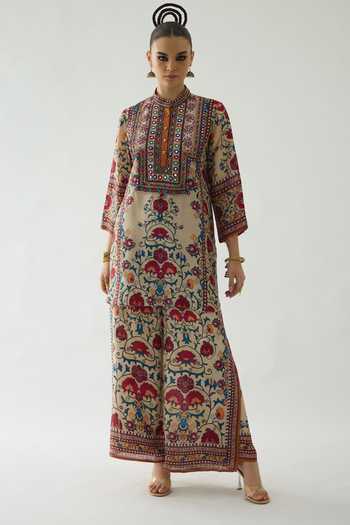 Buy_Rajdeep Ranawat_Beige Silk Gloria Printed Double Layered Flared Pant _Online_at_Aza_Fashions