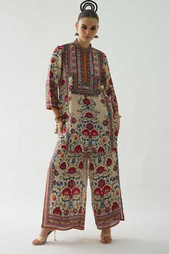 Shop_Rajdeep Ranawat_Beige Silk Gloria Printed Double Layered Flared Pant _Online_at_Aza_Fashions