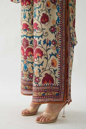 Rajdeep Ranawat_Beige Silk Gloria Printed Double Layered Flared Pant _at_Aza_Fashions