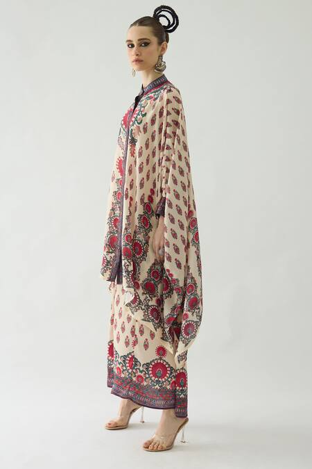 Buy_Rajdeep Ranawat_Maroon Modal, Satin Surilee Printed Draped Skirt _Online_at_Aza_Fashions