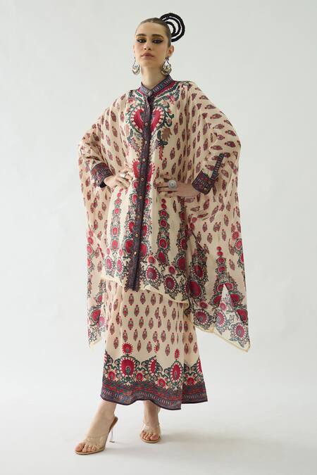 Shop_Rajdeep Ranawat_Maroon Modal, Satin Surilee Printed Draped Skirt _Online_at_Aza_Fashions