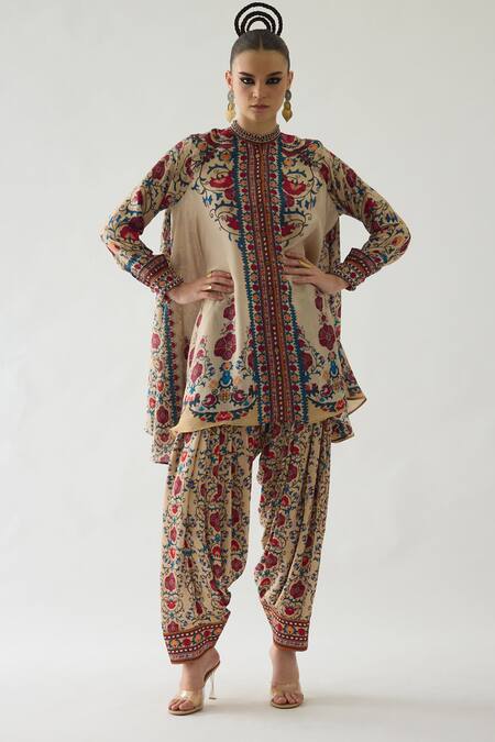 Rajdeep Ranawat Beige Modal Satin Printed Floral Salwar