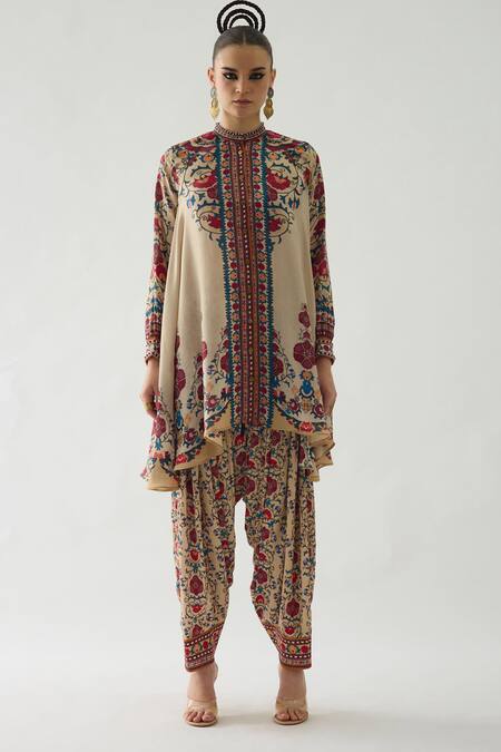 Rajdeep Ranawat_Beige Modal, Satin Floral Print Salwar _Online_at_Aza_Fashions