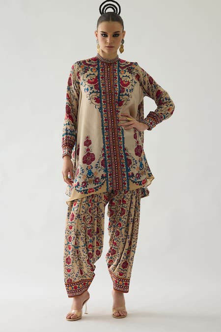 Buy_Rajdeep Ranawat_Beige Modal, Satin Floral Print Salwar _Online_at_Aza_Fashions