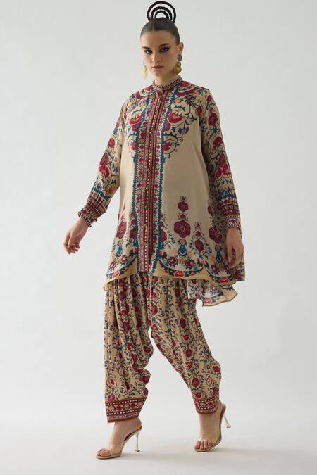 Shop_Rajdeep Ranawat_Beige Modal, Satin Floral Print Salwar _Online_at_Aza_Fashions