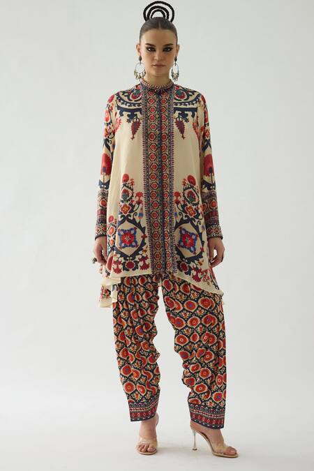 Rajdeep Ranawat_Orange Modal, Satin Embroidery, Mirrors Mughal Print Salwar _Online_at_Aza_Fashions