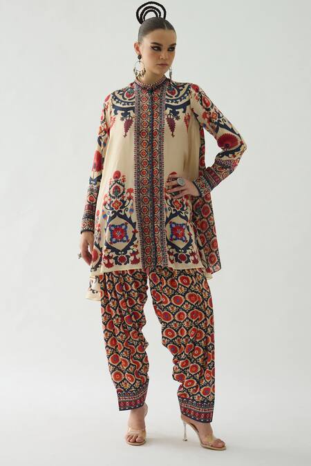 Buy_Rajdeep Ranawat_Orange Modal, Satin Embroidery, Mirrors Mughal Print Salwar _Online_at_Aza_Fashions