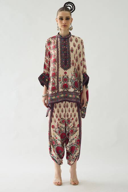 Rajdeep Ranawat Maroon Modal, Satin Sonth Bloom Print Dhoti Pant Online at Aza Fashions Rajdeep Ranawat_Maroon Modal, Satin Sonth Bloom Print Dhoti Pant _Online_at_Aza_Fashions