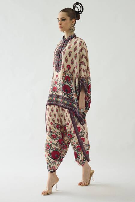 Shop Rajdeep Ranawat Maroon Modal, Satin Sonth Bloom Print Dhoti Pant Online at Aza Fashions Shop_Rajdeep Ranawat_Maroon Modal, Satin Sonth Bloom Print Dhoti Pant _Online_at_Aza_Fashions