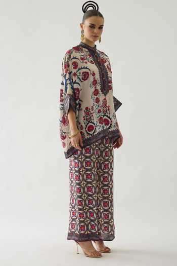 Shop Rajdeep Ranawat Multi Color Modal, Satin Permaz Geometric Print Flared Pant Online at Aza Fashions Shop_Rajdeep Ranawat_Multi Color Modal, Satin Permaz Geometric Print Flared Pant _Online_at_Aza_Fashions