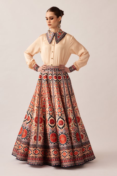 Rajdeep Ranawat Orange Silk Dupion Printed Floral Batman Leela Skirt And Shirt Set 