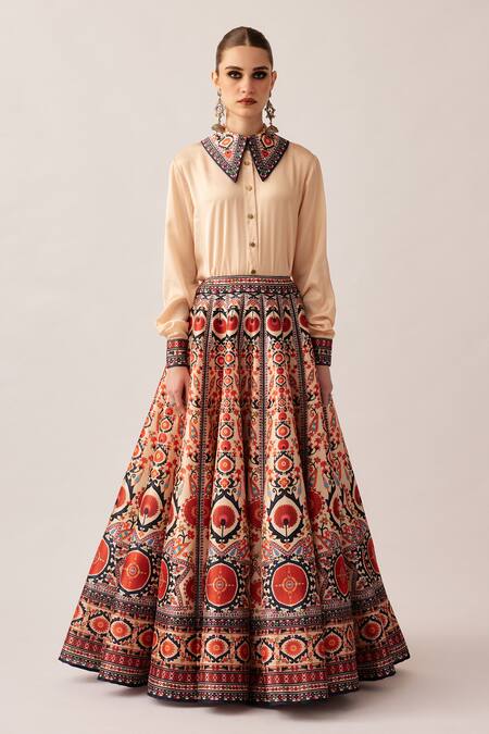 Rajdeep Ranawat_Orange Satin, Silk Embroidery, Beads Collared Leela Printed Skirt And Shirt Set _Online_at_Aza_Fashions