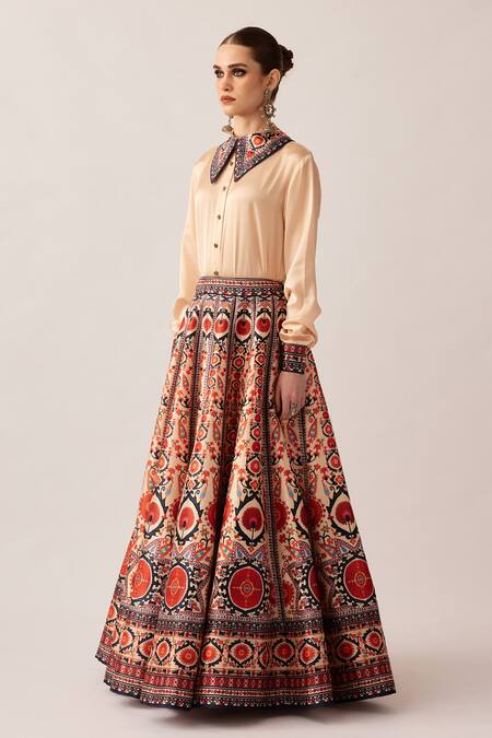 Buy_Rajdeep Ranawat_Orange Satin, Silk Embroidery, Beads Collared Leela Printed Skirt And Shirt Set _Online_at_Aza_Fashions