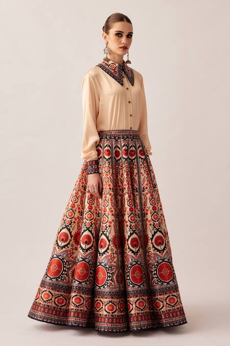 Shop_Rajdeep Ranawat_Orange Satin, Silk Embroidery, Beads Collared Leela Printed Skirt And Shirt Set _Online_at_Aza_Fashions