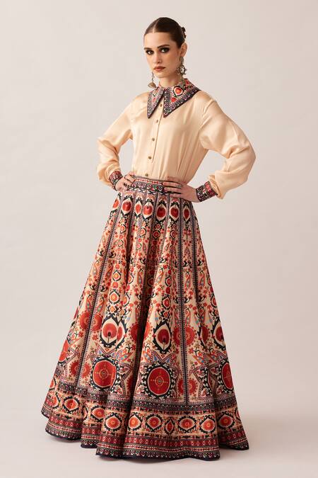 Rajdeep Ranawat_Orange Satin, Silk Embroidery, Beads Collared Leela Printed Skirt And Shirt Set _at_Aza_Fashions