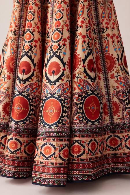 Buy_Rajdeep Ranawat_Orange Satin, Silk Embroidery, Beads Collared Leela Printed Skirt And Shirt Set 