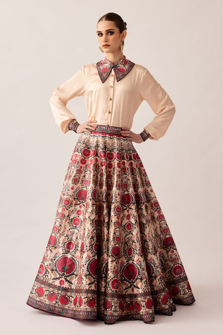 Rajdeep Ranawat Maroon Silk Dupion Printed Floral Batman Leela Skirt And Shirt Set  