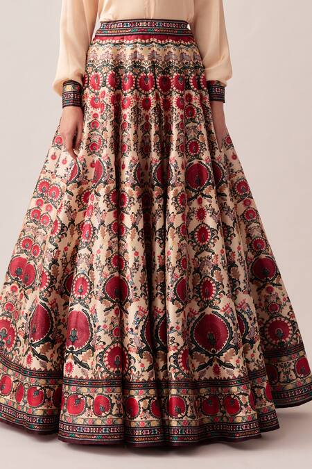 Rajdeep Ranawat_Maroon Satin, Silk Embroidery, Beads Leela Floral Print Skirt And Shirt Set _Online_at_Aza_Fashions
