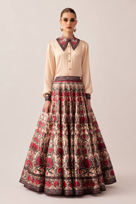 Buy_Rajdeep Ranawat_Maroon Satin, Silk Embroidery, Beads Leela Floral Print Skirt And Shirt Set _Online_at_Aza_Fashions