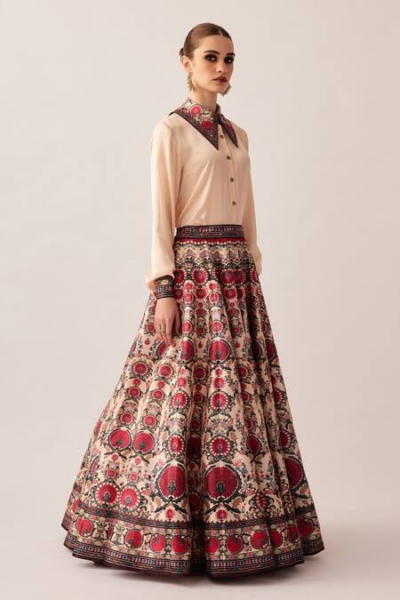 Shop_Rajdeep Ranawat_Maroon Satin, Silk Embroidery, Beads Leela Floral Print Skirt And Shirt Set _Online_at_Aza_Fashions