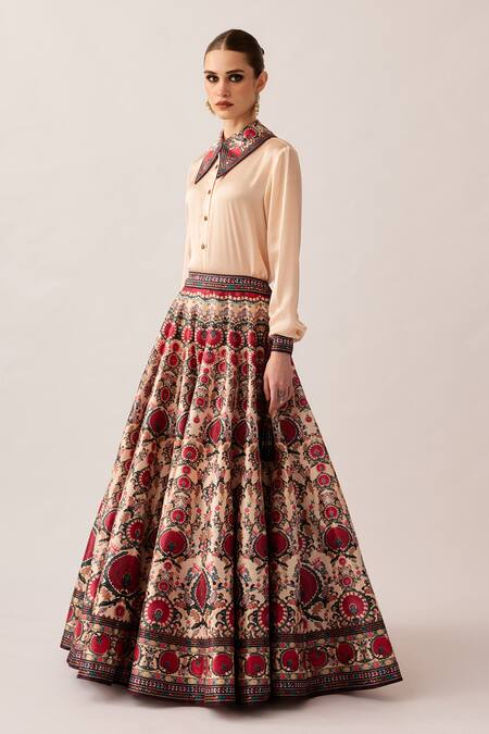 Rajdeep Ranawat_Maroon Satin, Silk Embroidery, Beads Leela Floral Print Skirt And Shirt Set _at_Aza_Fashions