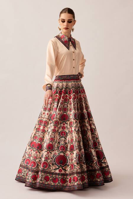 Buy_Rajdeep Ranawat_Maroon Satin, Silk Embroidery, Beads Leela Floral Print Skirt And Shirt Set 