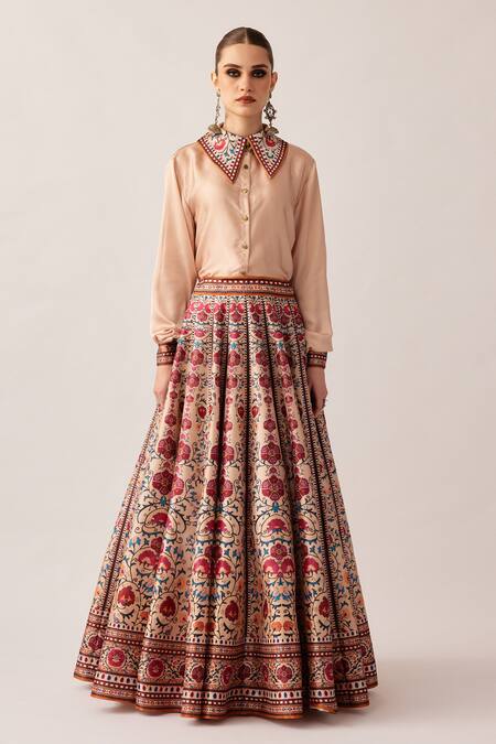 Rajdeep Ranawat_Beige Satin, Silk Embroidery, Beads Leela Flower Print Skirt And Shirt Set _Online_at_Aza_Fashions