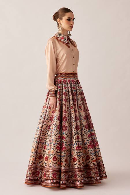 Buy_Rajdeep Ranawat_Beige Satin, Silk Embroidery, Beads Leela Flower Print Skirt And Shirt Set _Online_at_Aza_Fashions