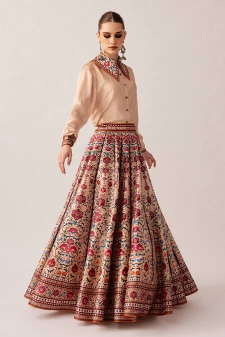 Shop_Rajdeep Ranawat_Beige Satin, Silk Embroidery, Beads Leela Flower Print Skirt And Shirt Set _Online_at_Aza_Fashions