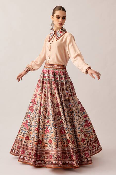 Rajdeep Ranawat_Beige Satin, Silk Embroidery, Beads Leela Flower Print Skirt And Shirt Set _at_Aza_Fashions