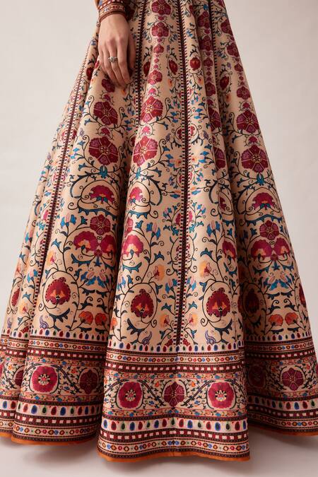 Buy_Rajdeep Ranawat_Beige Satin, Silk Embroidery, Beads Leela Flower Print Skirt And Shirt Set 