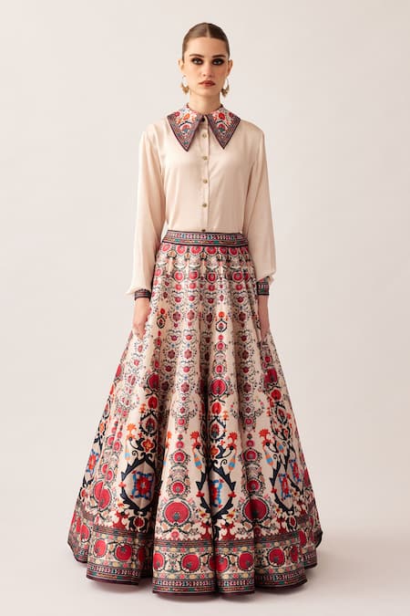 Rajdeep Ranawat_Multi Color Satin, Silk Embroidery Leela Florette Print Skirt And Shirt Set _Online_at_Aza_Fashions