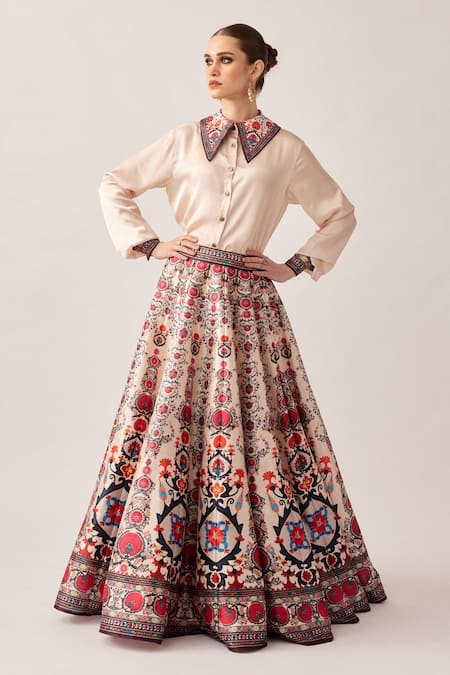 Rajdeep Ranawat_Multi Color Satin, Silk Embroidery Leela Florette Print Skirt And Shirt Set _at_Aza_Fashions