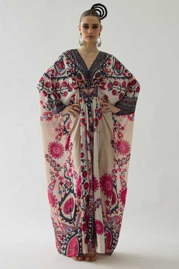 Buy Rajdeep Ranawat Pink Silk Embroidery, Smocking V-neck Imama Printed Kaftan at Aza Fashions Buy_Rajdeep Ranawat_Pink Silk Embroidery, Smocking V-neck Imama Printed Kaftan _at_Aza_Fashions