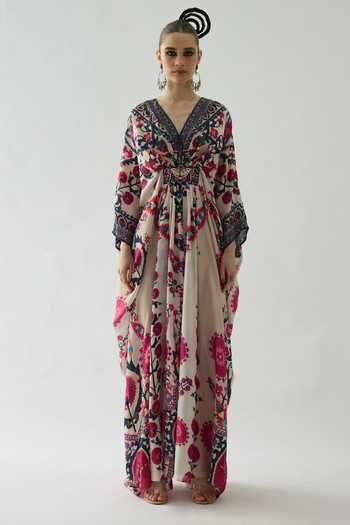 Rajdeep Ranawat Pink Silk Embroidery, Smocking V-neck Imama Printed Kaftan Online at Aza Fashions Rajdeep Ranawat_Pink Silk Embroidery, Smocking V-neck Imama Printed Kaftan _Online_at_Aza_Fashions