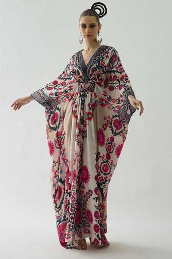 Buy Rajdeep Ranawat Pink Silk Embroidery, Smocking V-neck Imama Printed Kaftan Online at Aza Fashions Buy_Rajdeep Ranawat_Pink Silk Embroidery, Smocking V-neck Imama Printed Kaftan _Online_at_Aza_Fashions