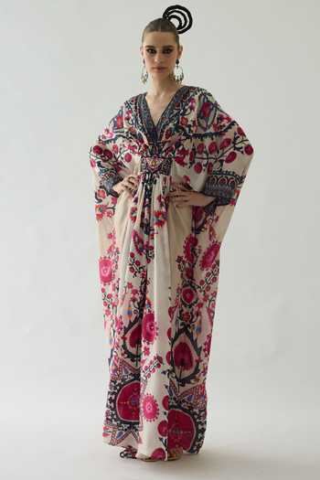 Shop Rajdeep Ranawat Pink Silk Embroidery, Smocking V-neck Imama Printed Kaftan Online at Aza Fashions Shop_Rajdeep Ranawat_Pink Silk Embroidery, Smocking V-neck Imama Printed Kaftan _Online_at_Aza_Fashions