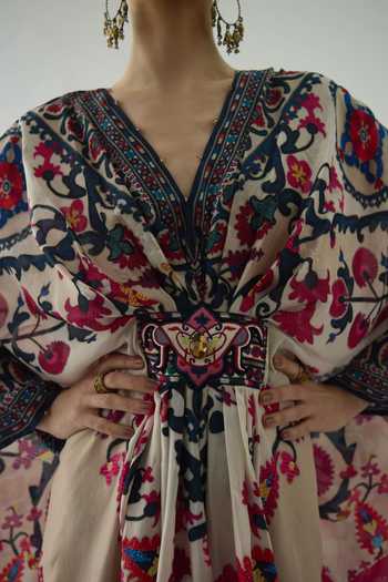 Rajdeep Ranawat Pink Silk Embroidery, Smocking V-neck Imama Printed Kaftan at Aza Fashions Rajdeep Ranawat_Pink Silk Embroidery, Smocking V-neck Imama Printed Kaftan _at_Aza_Fashions