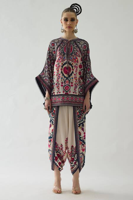 Rajdeep Ranawat_Pink Silk Lace, Embroidery Keyhole Neck Ramona Floral Print Poncho _Online_at_Aza_Fashions