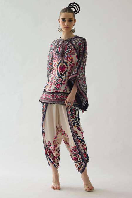 Buy_Rajdeep Ranawat_Pink Silk Lace, Embroidery Keyhole Neck Ramona Floral Print Poncho _Online_at_Aza_Fashions