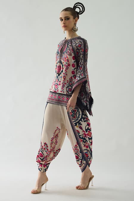 Shop_Rajdeep Ranawat_Pink Silk Lace, Embroidery Keyhole Neck Ramona Floral Print Poncho _Online_at_Aza_Fashions