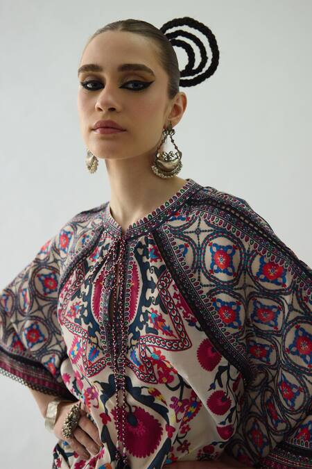 Rajdeep Ranawat_Pink Silk Lace, Embroidery Keyhole Neck Ramona Floral Print Poncho _at_Aza_Fashions