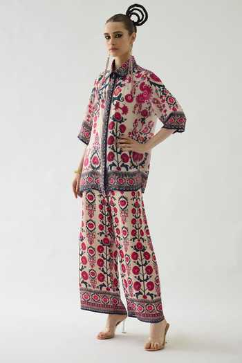 Shop_Rajdeep Ranawat_Pink Silk Collared Maizah Floral Print Shirt Tunic _Online_at_Aza_Fashions