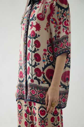 Rajdeep Ranawat_Pink Silk Collared Maizah Floral Print Shirt Tunic _at_Aza_Fashions
