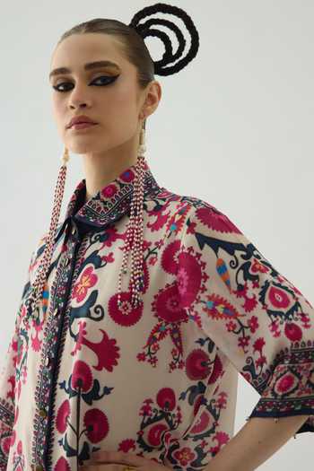 Buy_Rajdeep Ranawat_Pink Silk Collared Maizah Floral Print Shirt Tunic 
