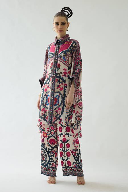 Buy_Rajdeep Ranawat_Pink Silk Embroidery Collared Kamara Floral Print Shirt Tunic _Online_at_Aza_Fashions