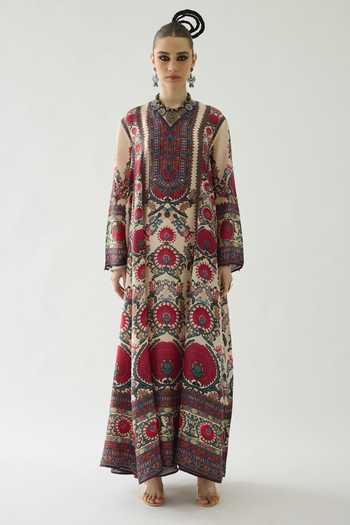 Rajdeep Ranawat_Pink Silk Beads V-neck Adavi Floral Print Anarkali _Online_at_Aza_Fashions