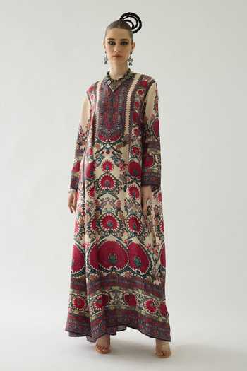 Buy_Rajdeep Ranawat_Pink Silk Beads V-neck Adavi Floral Print Anarkali _Online_at_Aza_Fashions