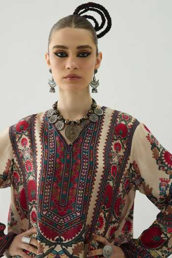 Shop_Rajdeep Ranawat_Pink Silk Beads V-neck Adavi Floral Print Anarkali _Online_at_Aza_Fashions