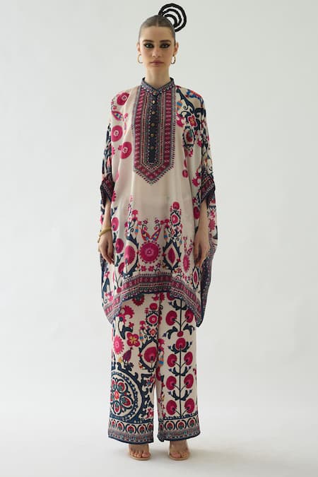 Rajdeep Ranawat_Pink Silk Embroidery Bandeau Neck Chanel Collar Printed Tunic _Online_at_Aza_Fashions